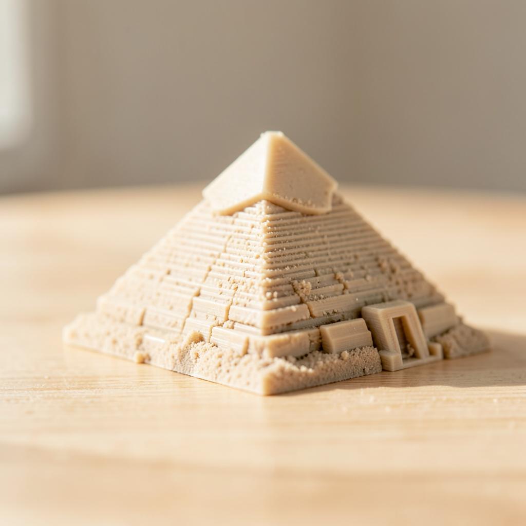 Miniaturas 3D das pirâmides do Egito em filamento bege areia sobre mesa de madeira