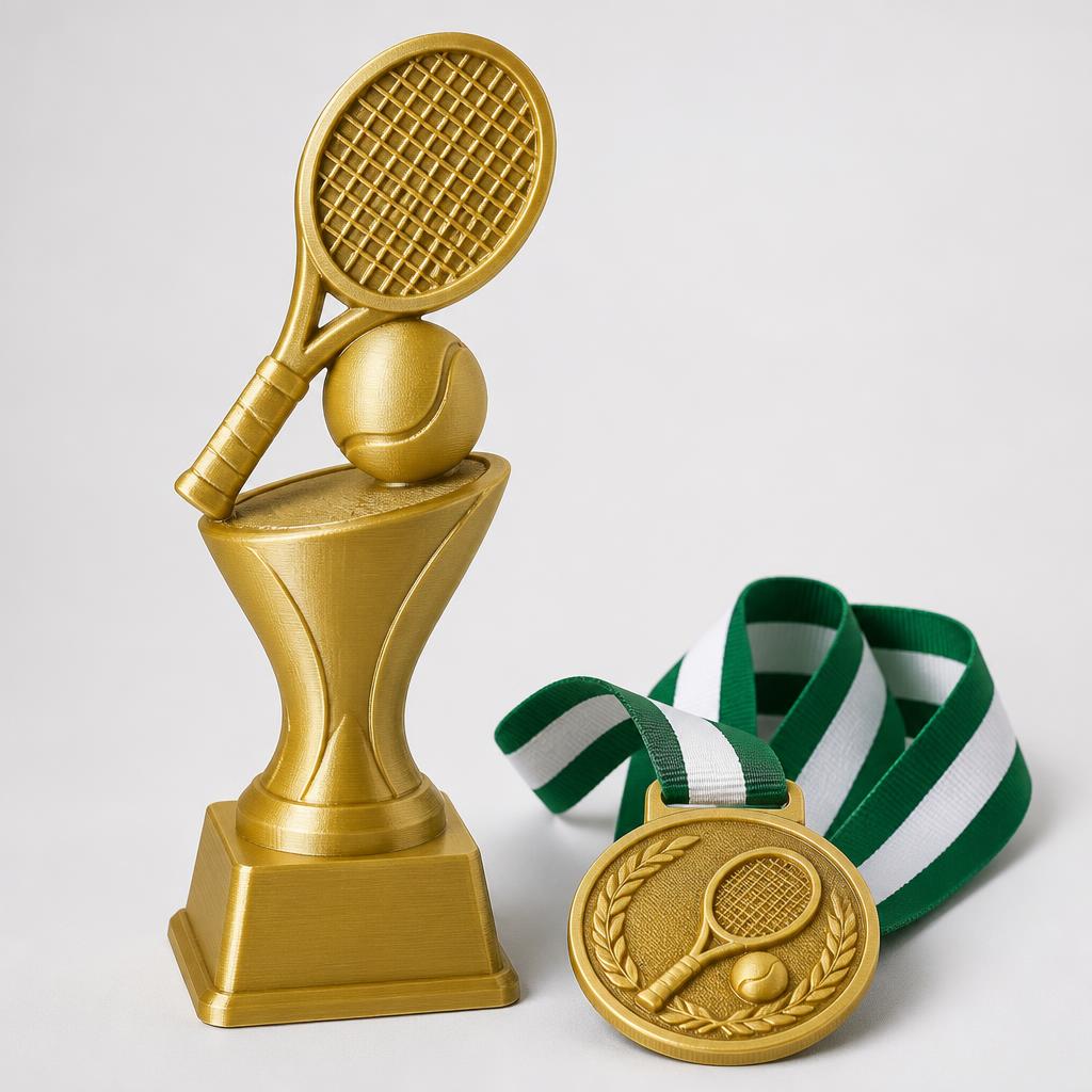 Troféu e medalha de ténis impressos em 3D com raquete e bola