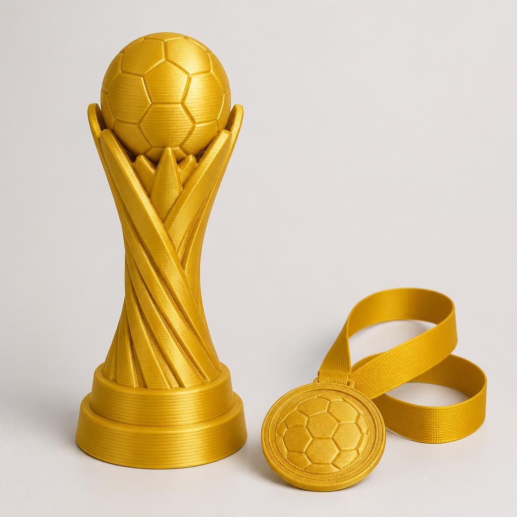 Troféu e medalha de futebol impressos em 3D em filamento dourado