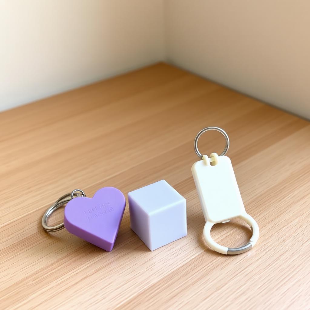 Conjunto de chaveiros em formas de coração, cubo e abridor