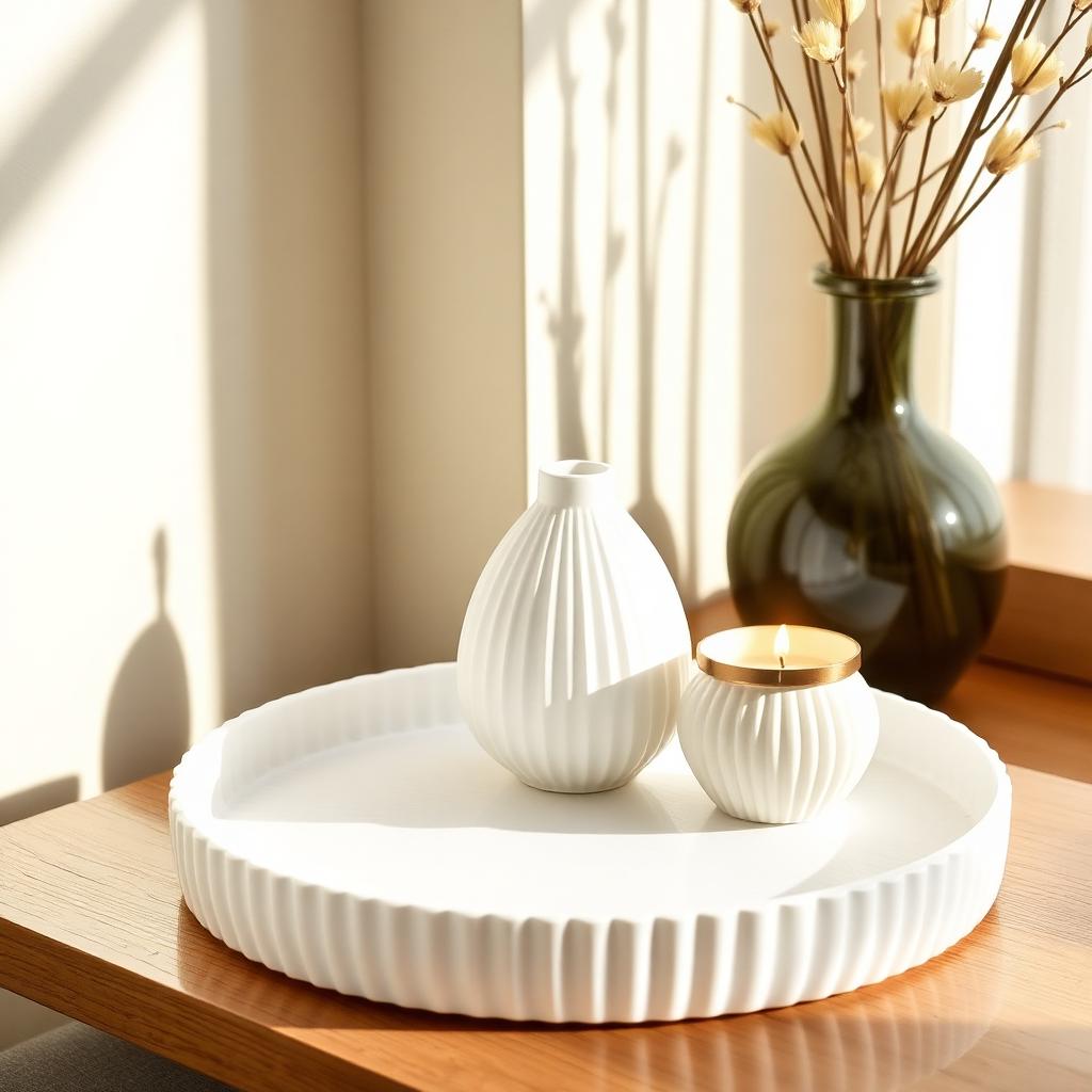 Bandeja decorativa canelada com vaso e porta-vela