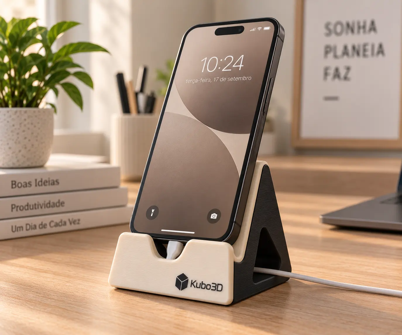 Suporte bicolor para telemóvel com passagem para cabo