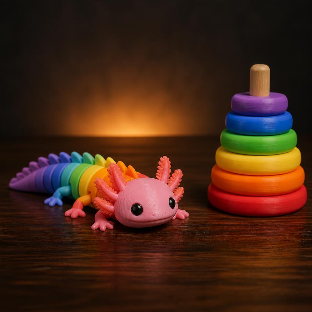 Axolote articulado arco-íris e torre de empilhar impressos em 3D