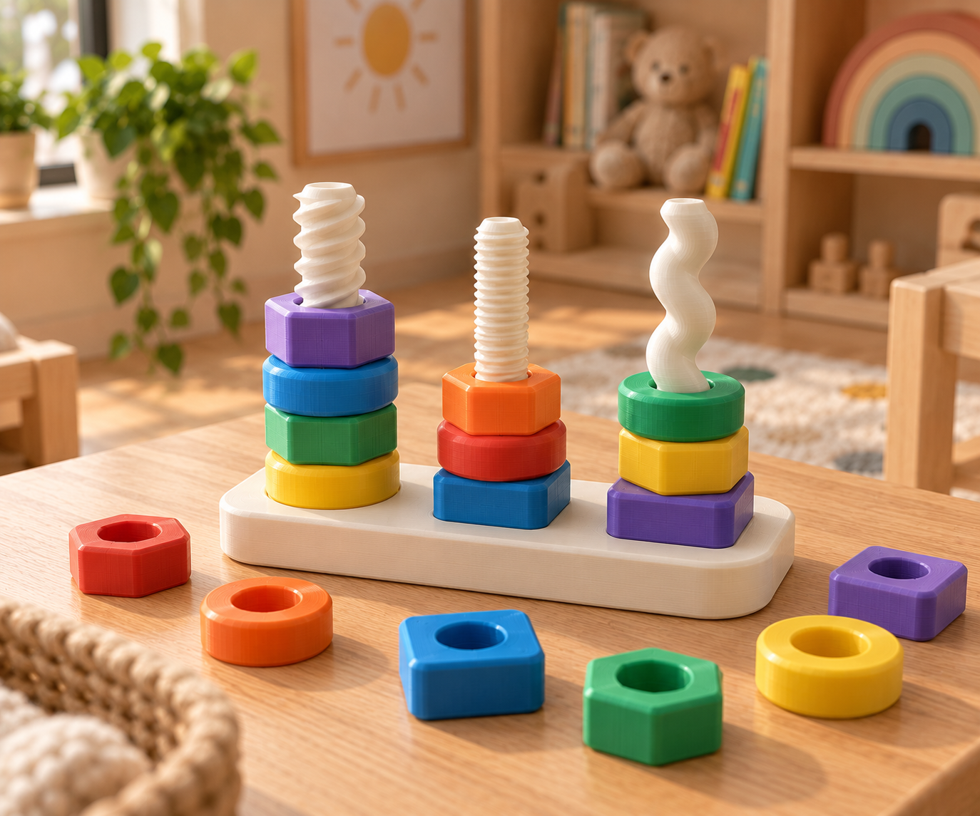 Jogo educativo com porcas e parafusos de diferentes formas