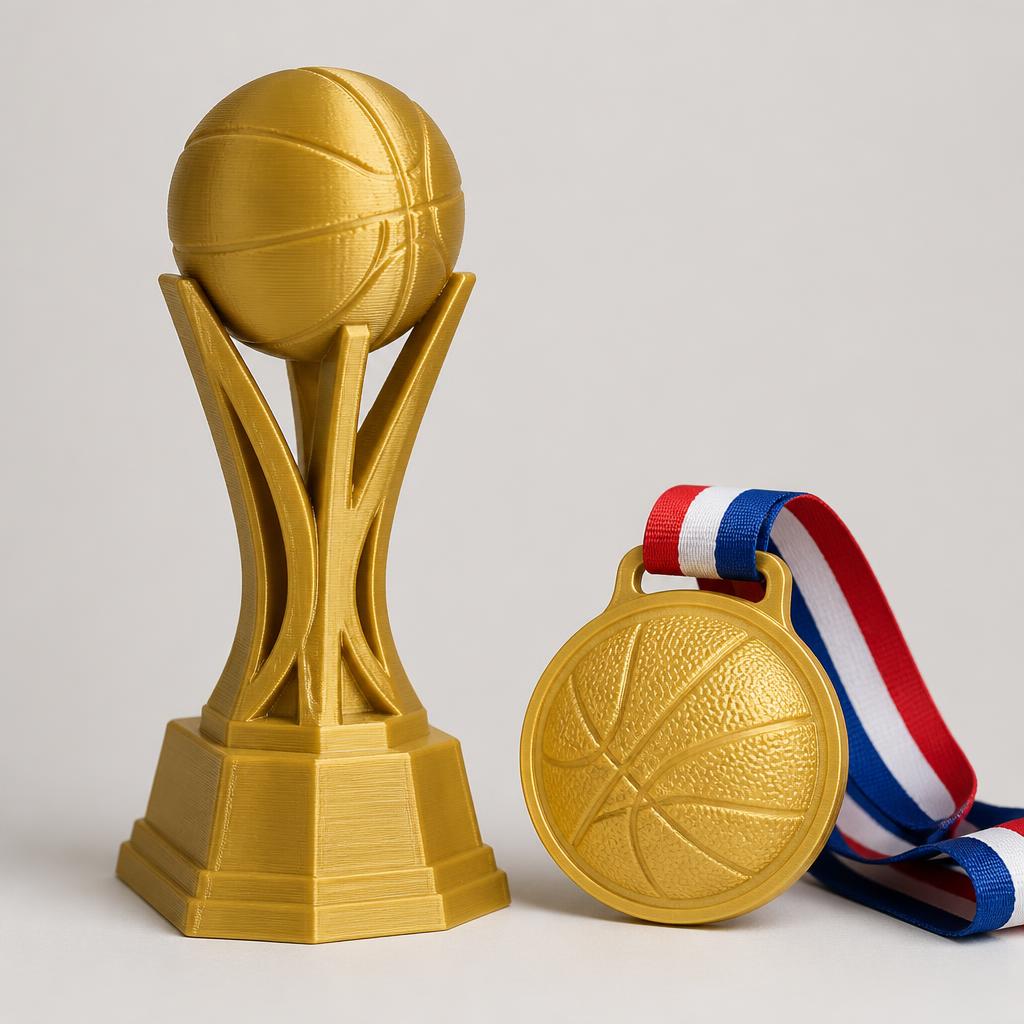 Troféu e medalha de basquete impressos em 3D em filamento dourado