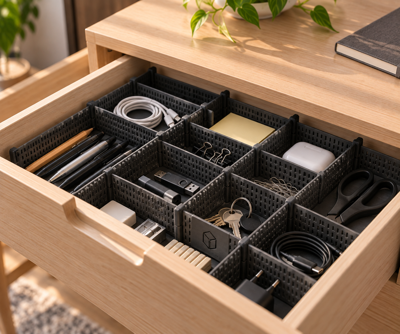 Divisórias modulares para organizar acessórios numa gaveta