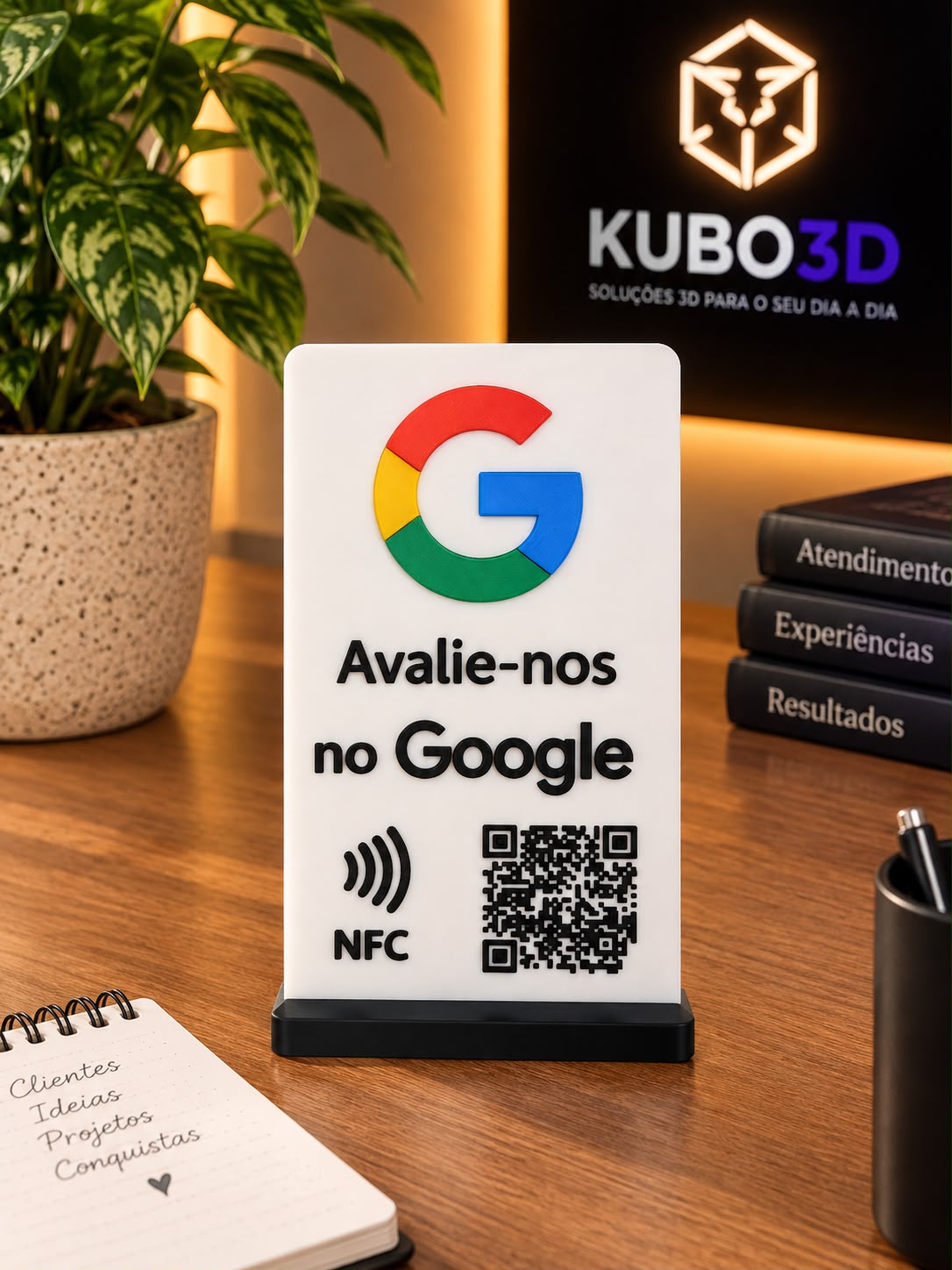 Plaquinha de avaliações Google com QR code e NFC impressa em 3D