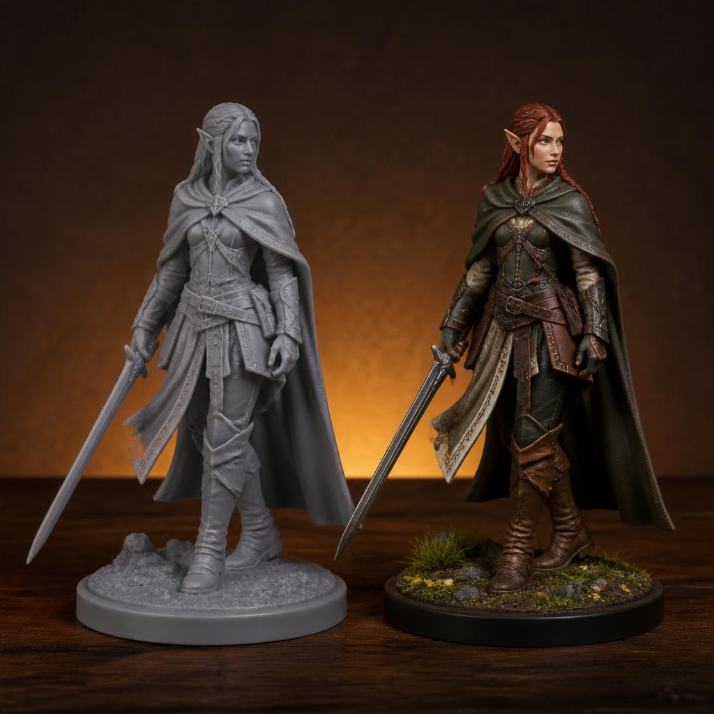 Duas figuras de fantasia impressas em 3D, uma crua e uma pintada à mão