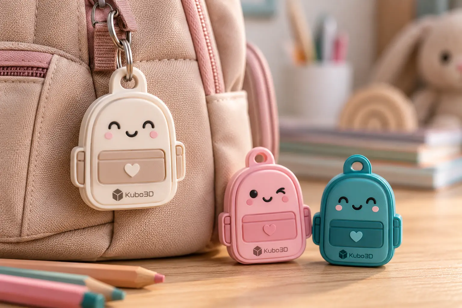 Chaveiros em forma de mochila nas cores creme, rosa e azul