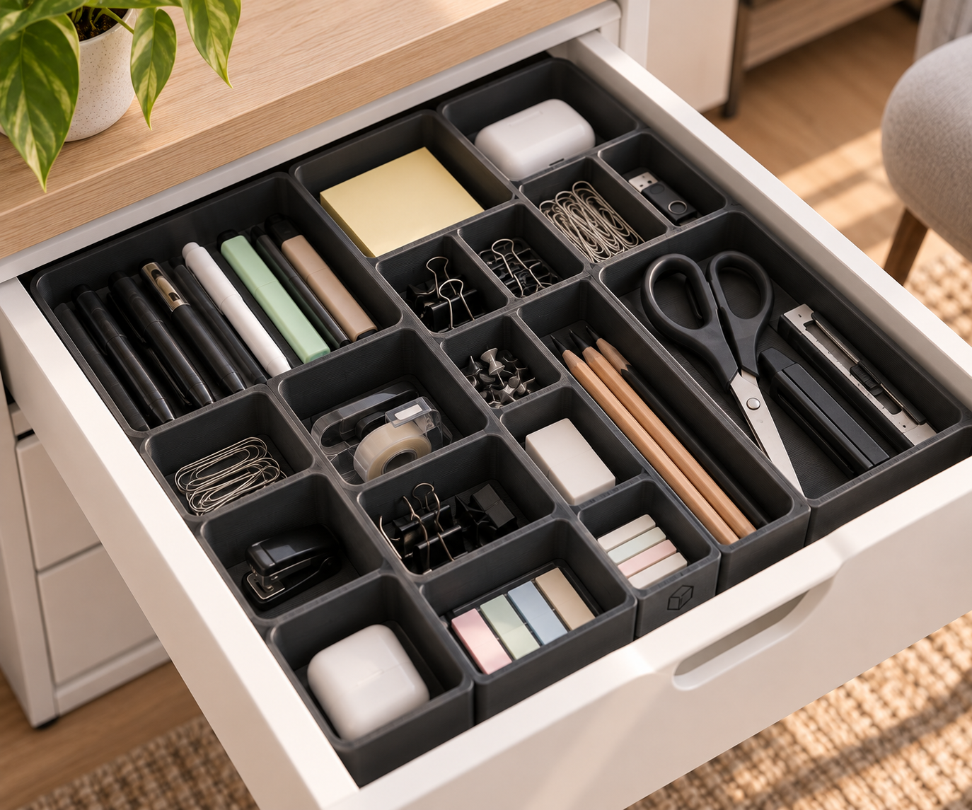 Conjunto modular para organizar material de escritório numa gaveta