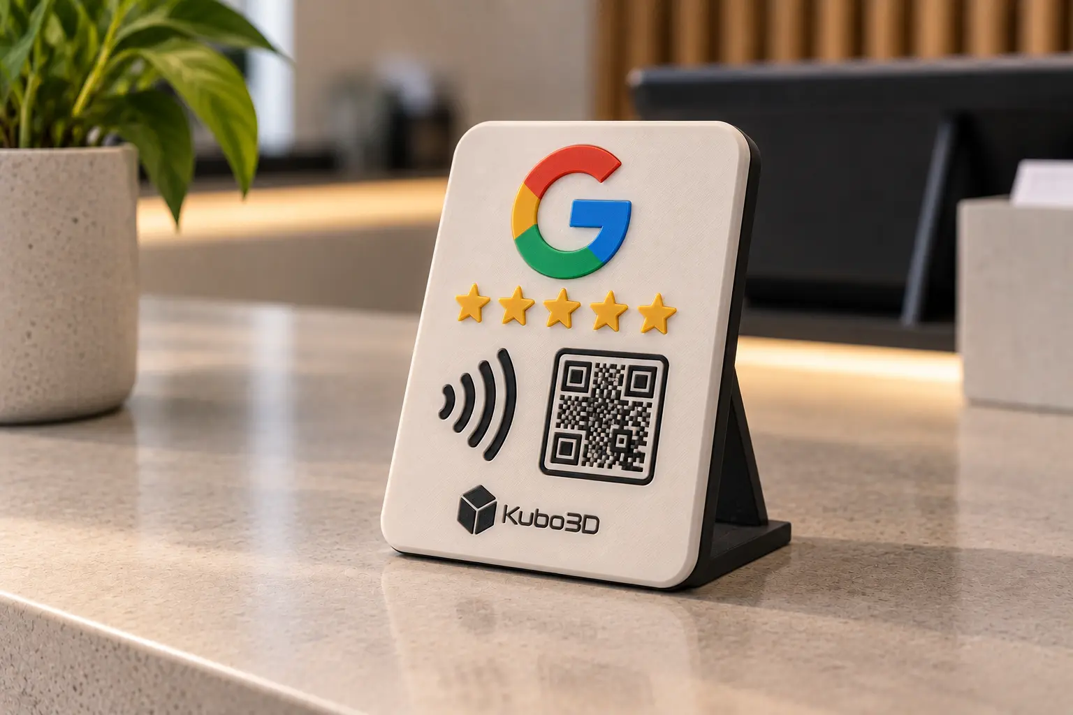 Display branco Google Reviews com cinco estrelas, NFC e QR code