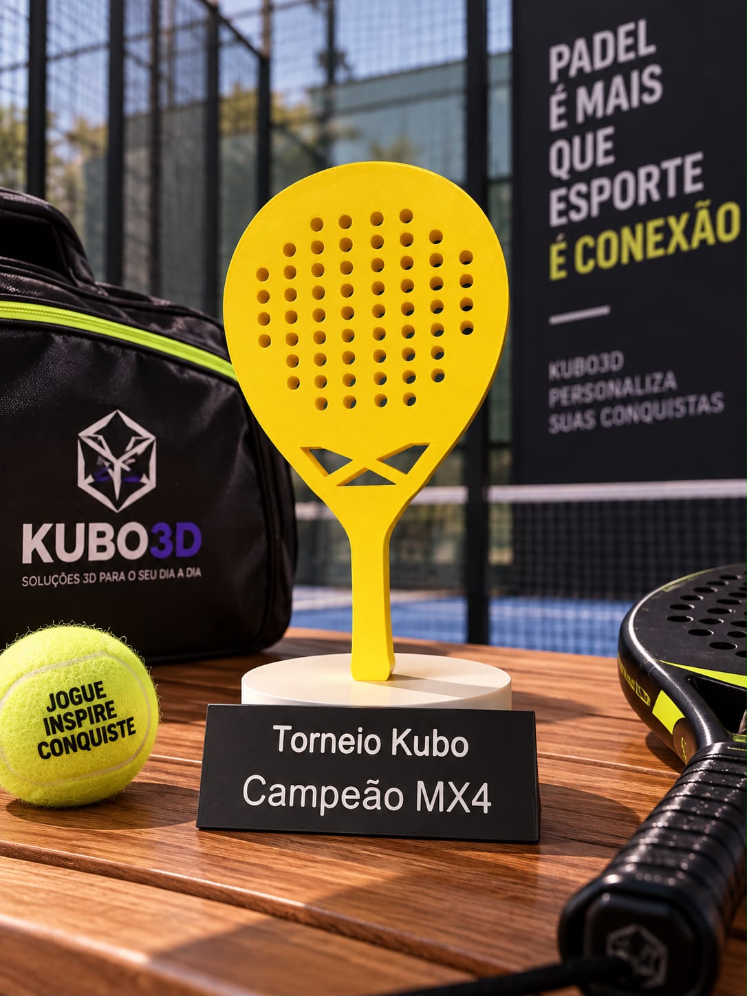 Troféu de padel amarelo em forma de raquete com placa personalizada