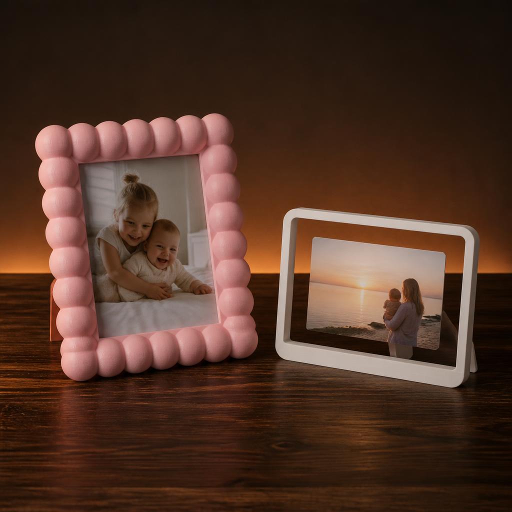 Moldura rosa de bolinhas e porta-retratos branco minimalista impressos em 3D