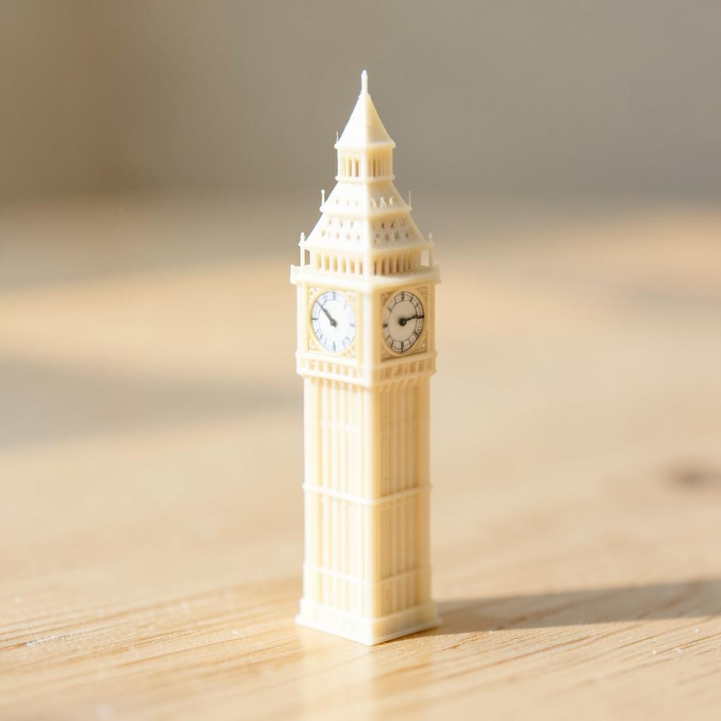 Miniatura 3D do Big Ben em filamento branco osso sobre mesa de madeira