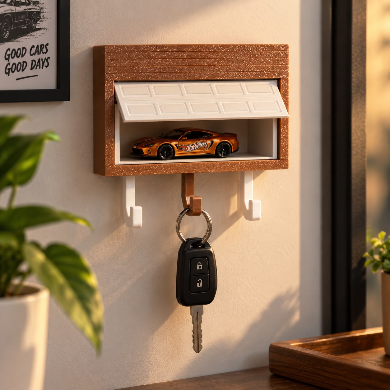 Garagem de parede impressa em 3D para miniatura e chaves do carro