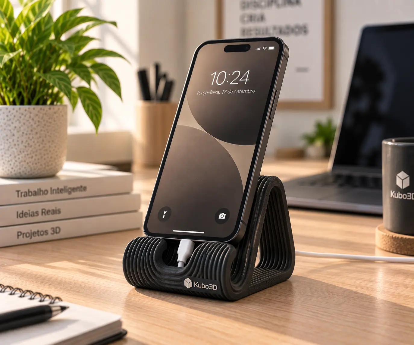 Suporte canelado para telemóvel com passagem para carregador