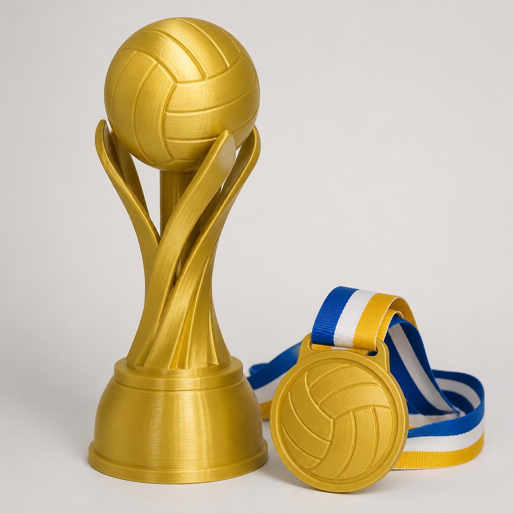 Troféu e medalha de voleibol impressos em 3D em filamento dourado