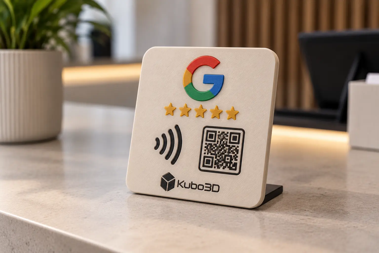 Display branco Google Reviews com QR code e NFC