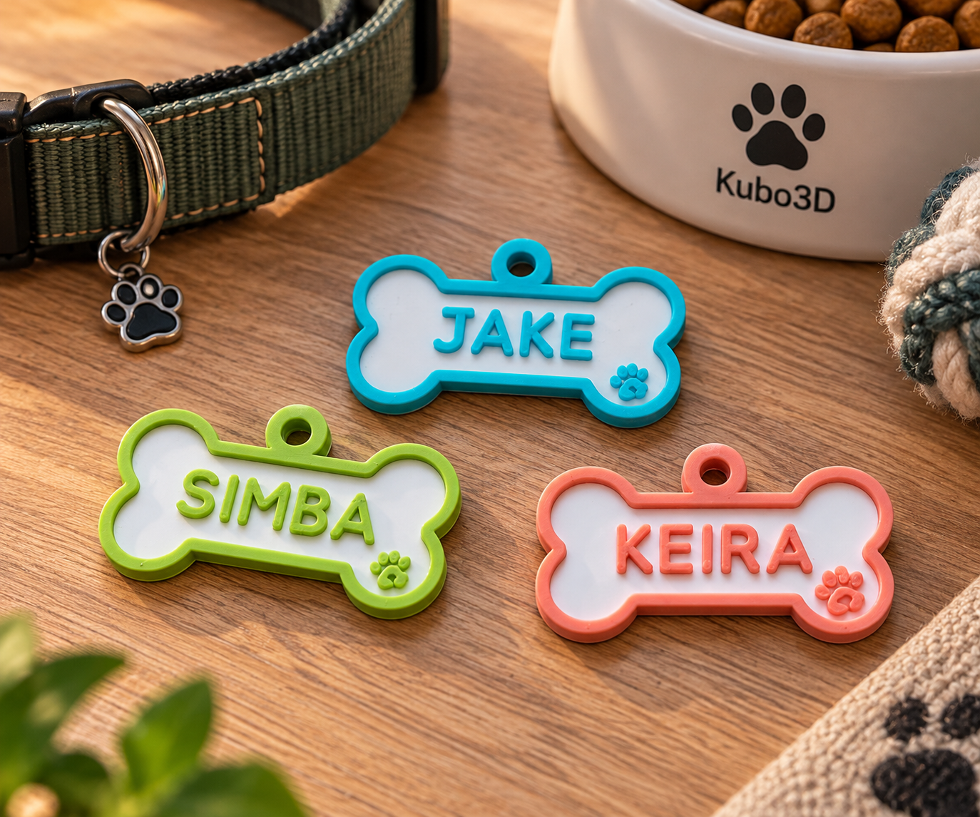 Medalhas personalizadas em forma de osso com nomes de animais
