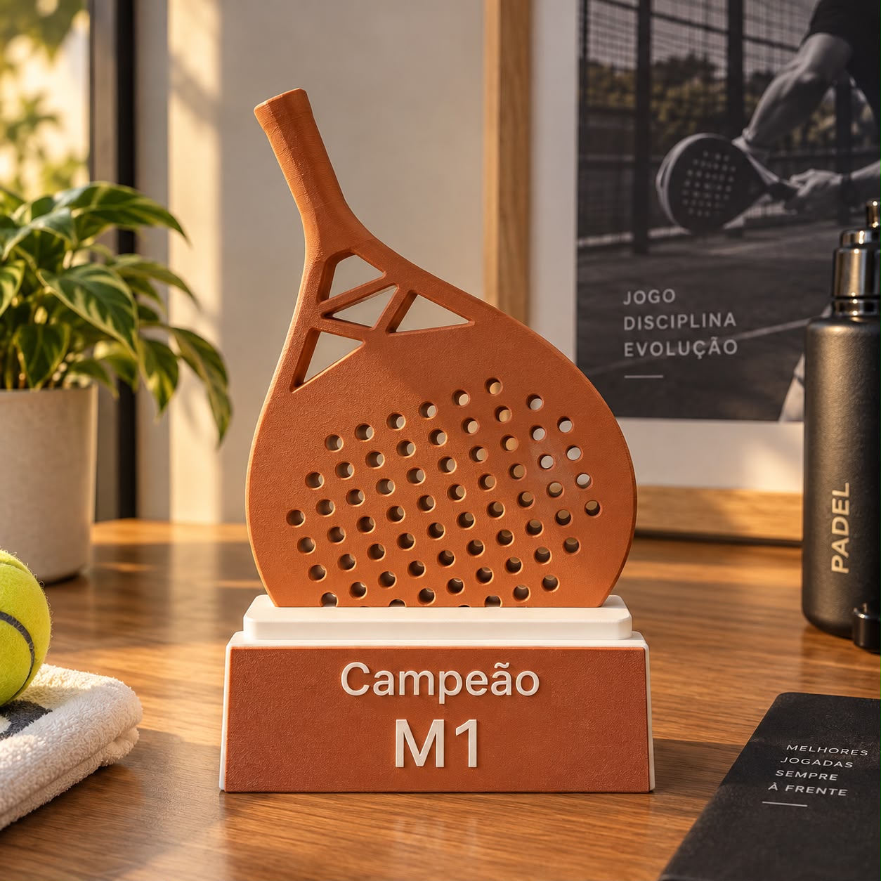 Troféu de padel bronze em forma de raquete com base personalizada