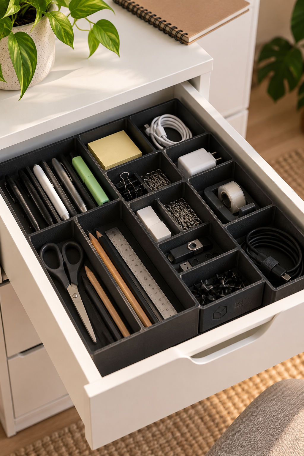Organizador modular numa gaveta com material de escritório e cabos