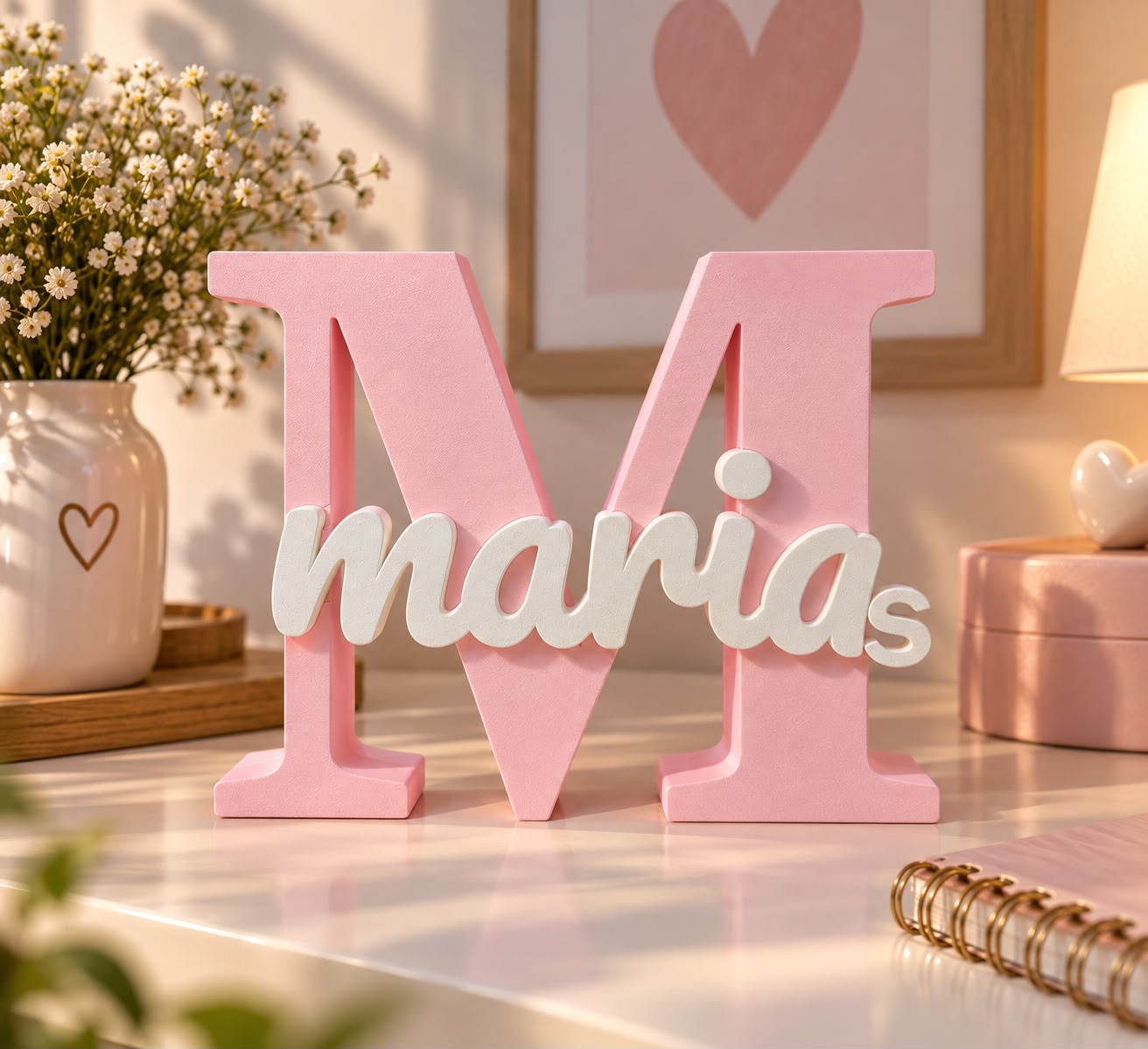 Letra M rosa com nome Maria em branco para decoração personalizada