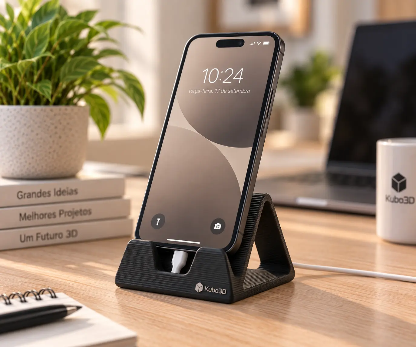 Suporte triangular para telemóvel com carregamento por cabo