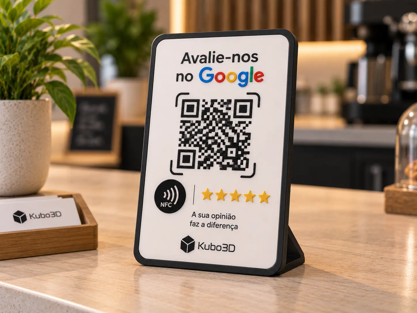 Display de balcão para avaliações Google com QR code e NFC