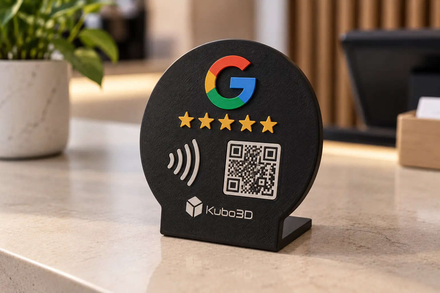 Display redondo preto Google Reviews com QR code e NFC