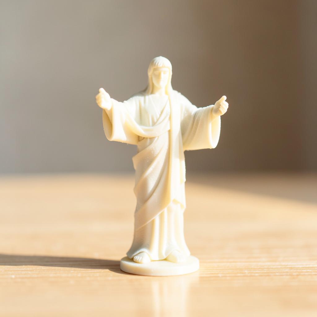 Miniatura 3D do Cristo Redentor em filamento branco osso sobre mesa de madeira