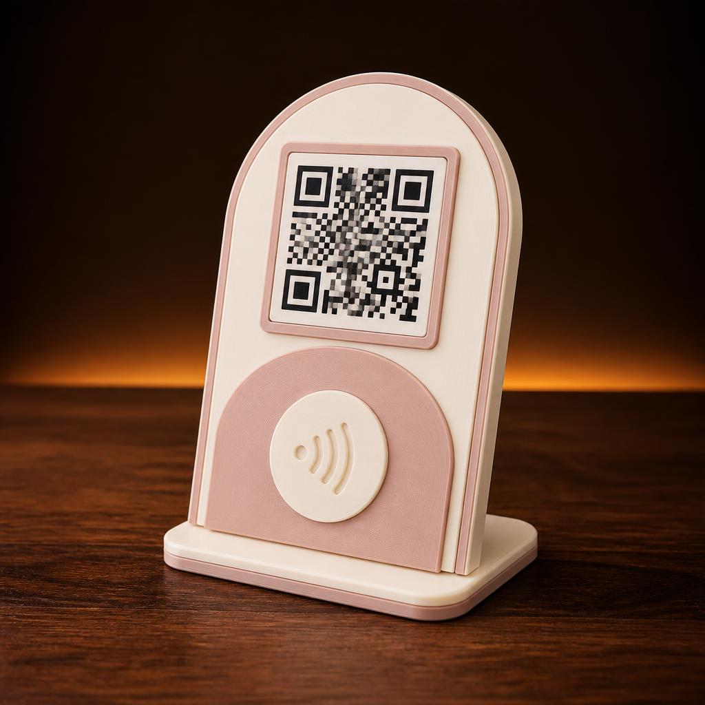 Plaquinha de avaliações em creme e rosa com QR code e zona NFC